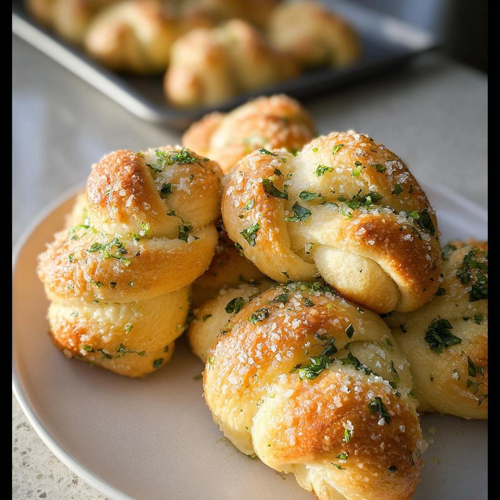 A close-up of freshly baked Garlic Knots with Olive Oil, topped with coarse salt and chopped parsley.