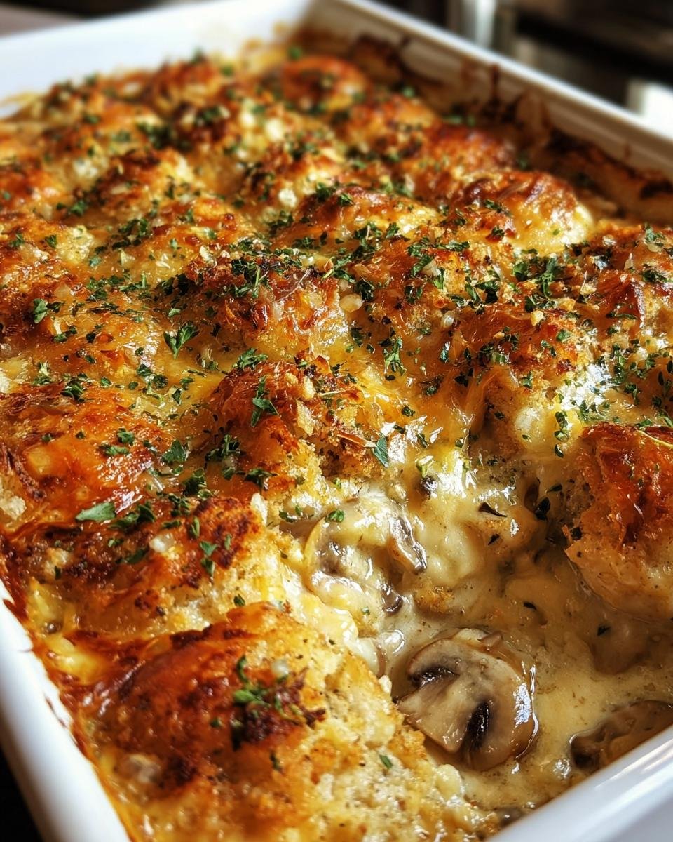 Close-up of Garlic Mushroom Chicken Casserole in a white baking dish, topped with herbs.