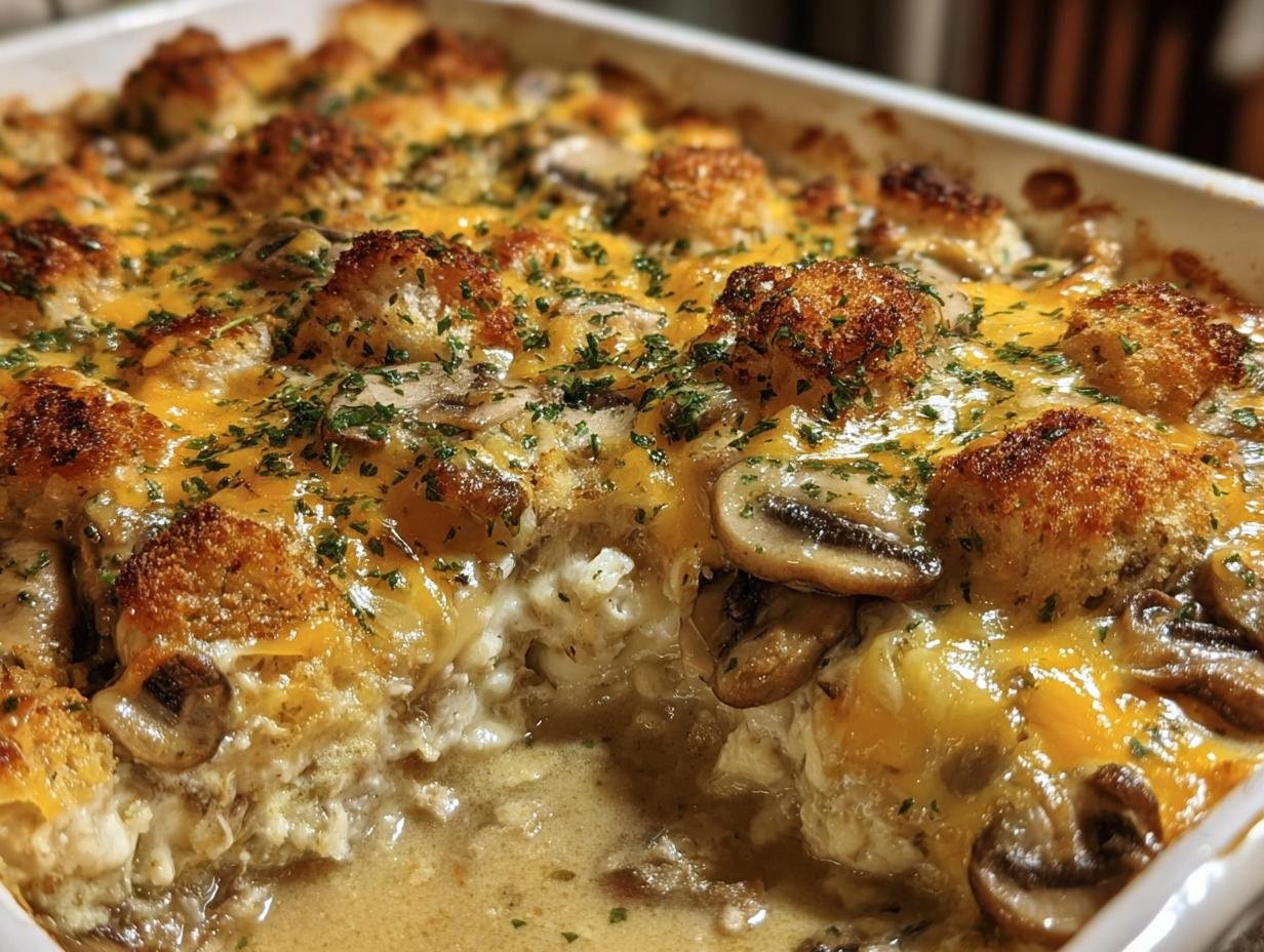 Freshly baked Garlic Mushroom Chicken Casserole in a white baking dish, topped with cheese and herbs.