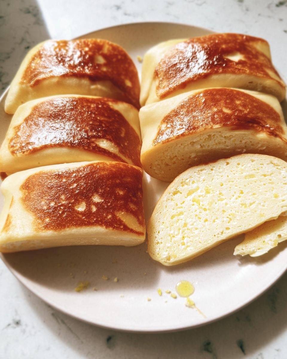 A plate holding several golden brown, folded 2-Ingredient Cottage Cheese Wraps, with one sliced open showing the texture.