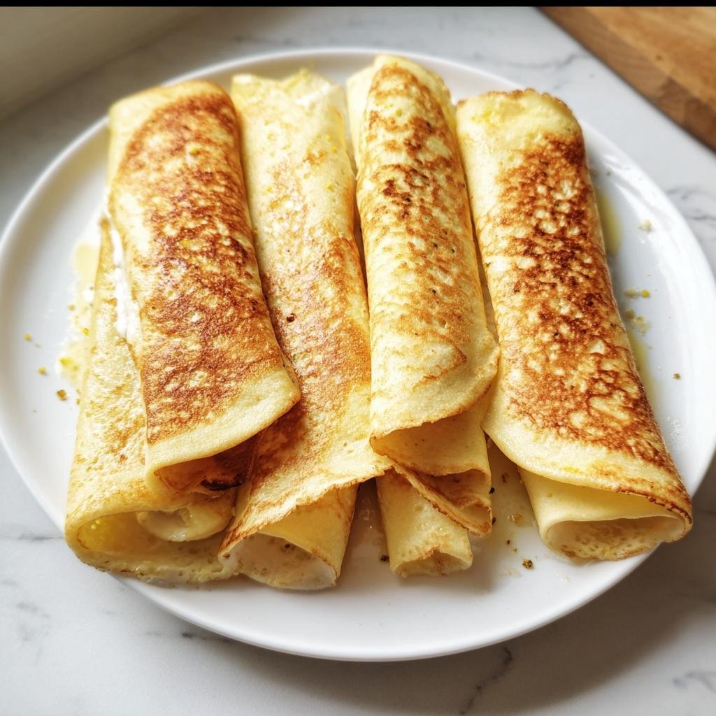 Four golden-brown, rolled-up 2-Ingredient Cottage Cheese Wraps served on a white plate.