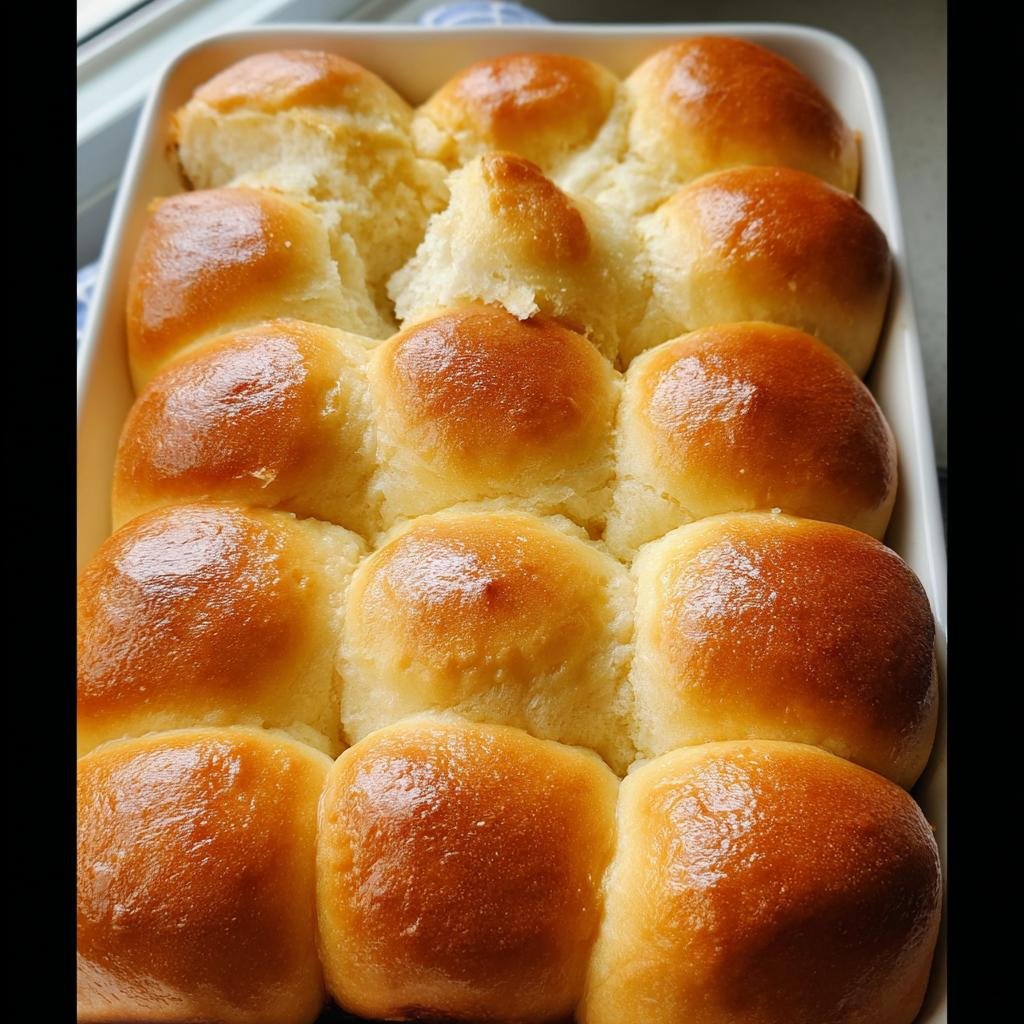 A close-up of freshly baked Hawaiian Sweet Rolls Fluffy Pull Apart rolls in a white baking dish.