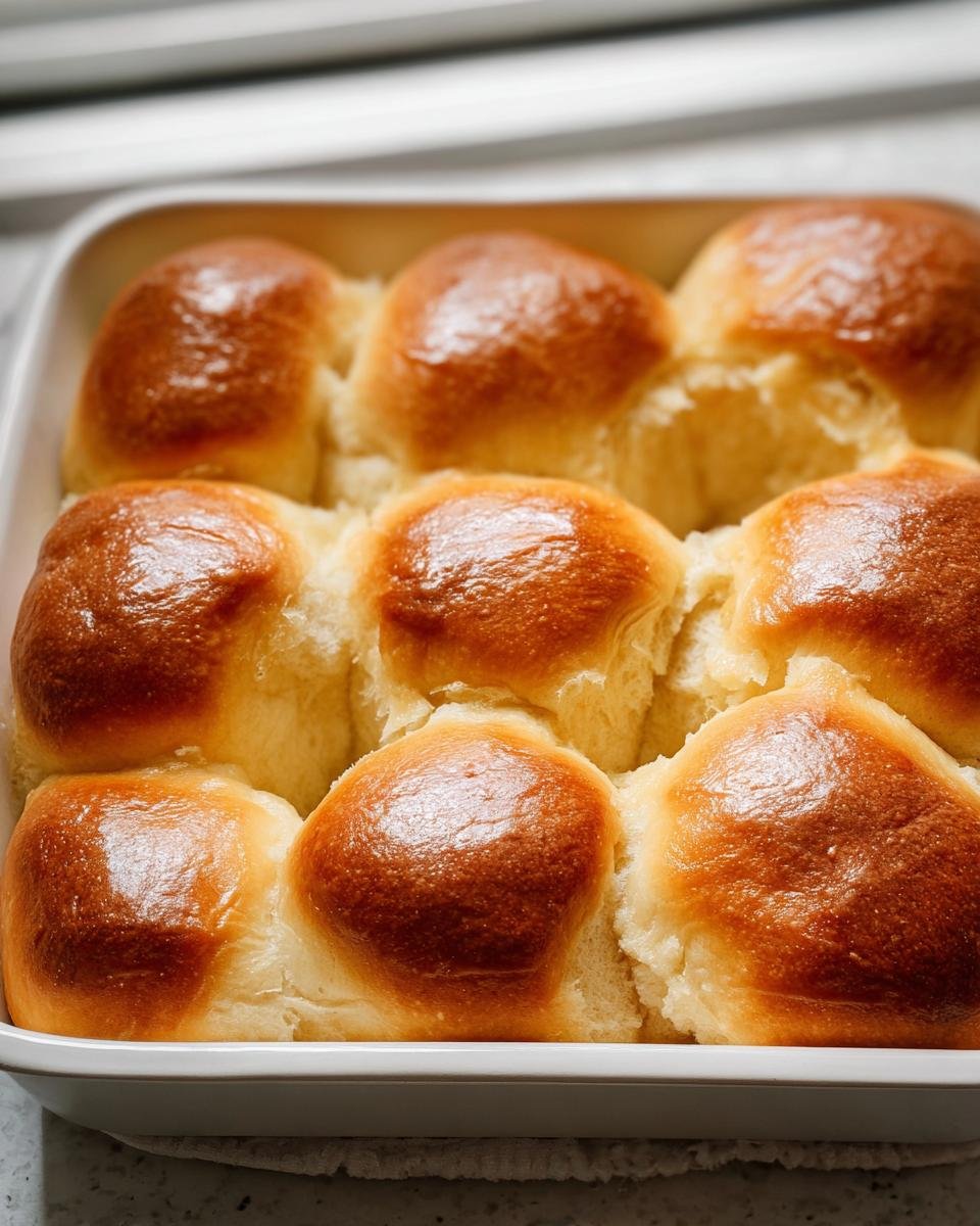 Close-up of golden brown Hawaiian Sweet Rolls Fluffy Pull Apart baked together in a white dish.