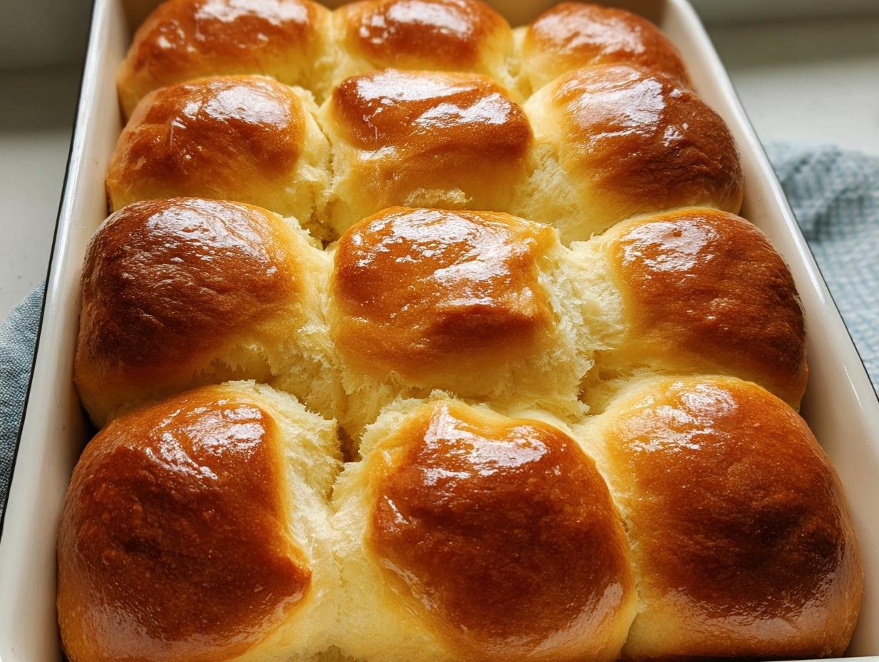 Close-up of a pan of golden brown, glossy Hawaiian Sweet Rolls Fluffy Pull Apart buns.
