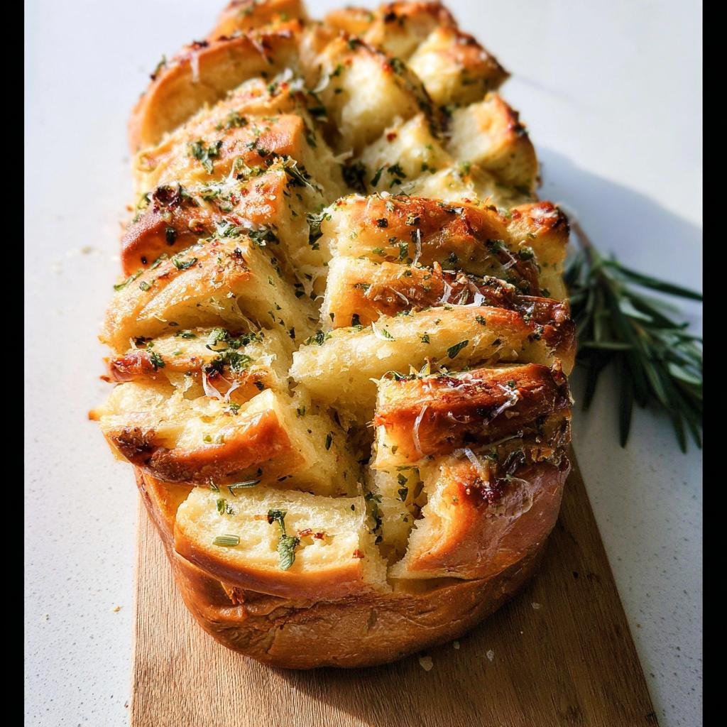 A loaf of golden Herb Pull Apart Rolls Rosemary Thyme, topped with melted cheese and green herbs, resting on a wooden board.