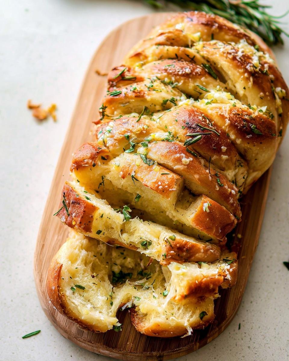 A golden brown loaf of Herb Pull Apart Rolls Rosemary Thyme, sliced and served on a wooden board.