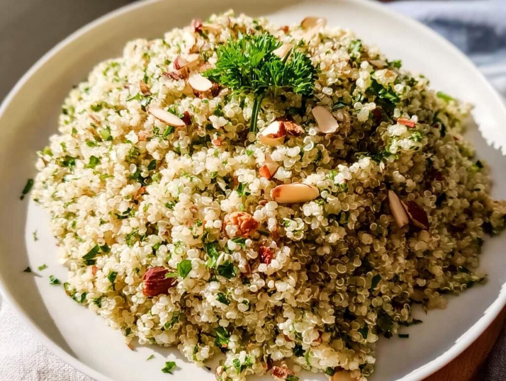 A mound of fluffy Herbed Quinoa Pilaf mixed with fresh parsley and topped with sliced almonds on a white plate.