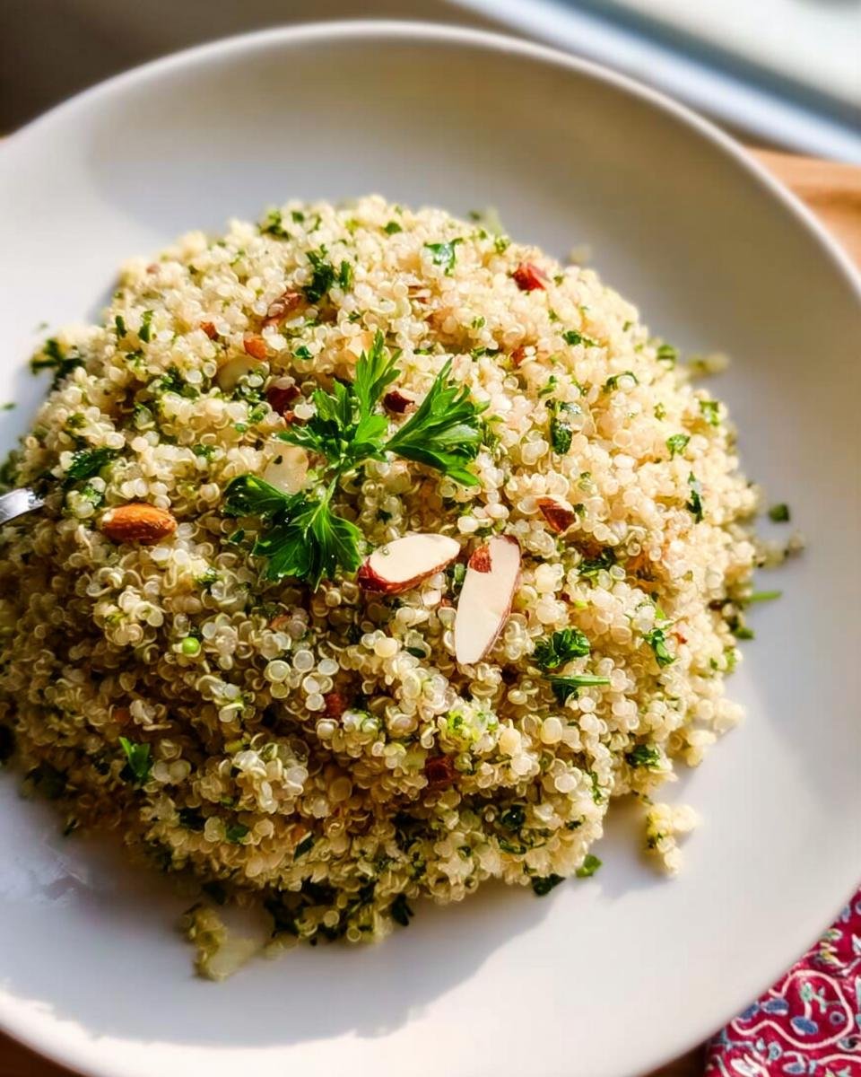 A close-up of fluffy Herbed Quinoa Pilaf mixed with green herbs and topped with sliced almonds.