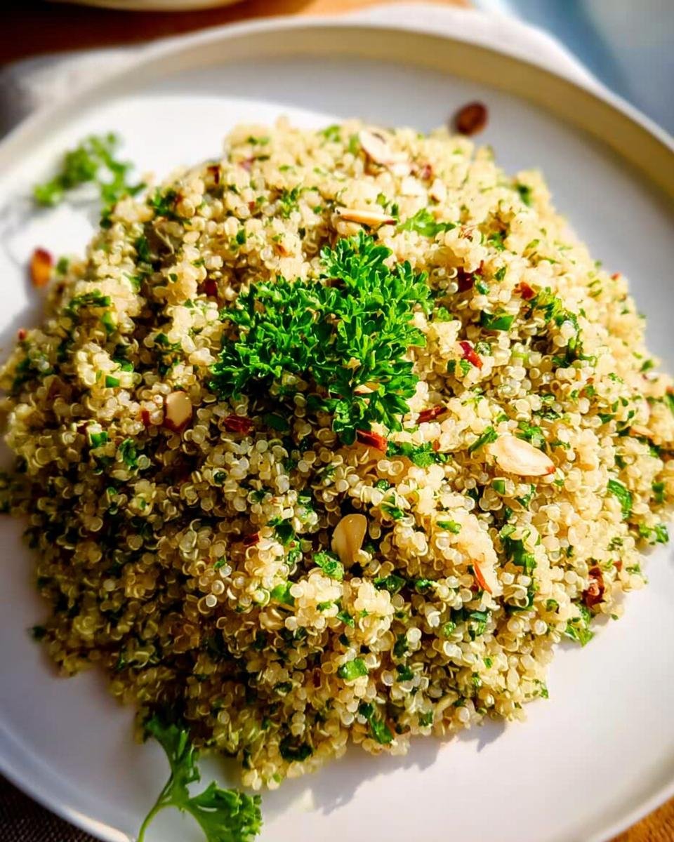 A plate of fluffy Herbed Quinoa Pilaf mixed with chopped herbs and sliced almonds, garnished with fresh parsley.