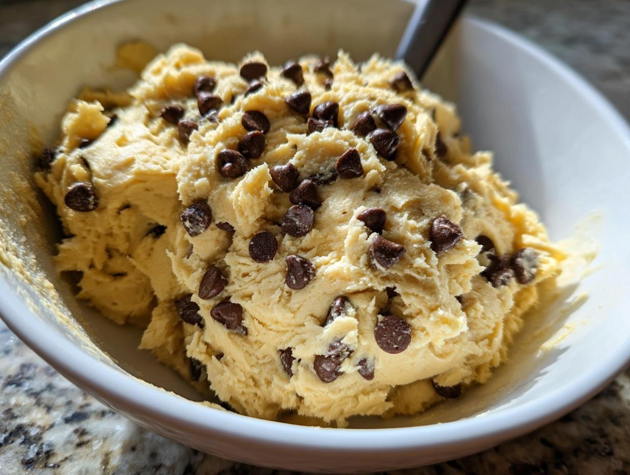 Close-up of creamy, light yellow Cottage Cheese Cookie Dough loaded with mini chocolate chips in a white bowl.