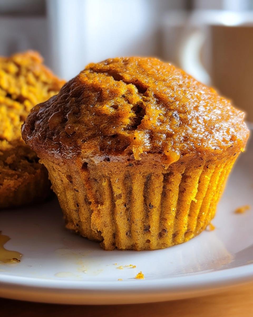 Close-up of a moist High-Protein Pumpkin Muffin on a white plate, showcasing its texture and color.