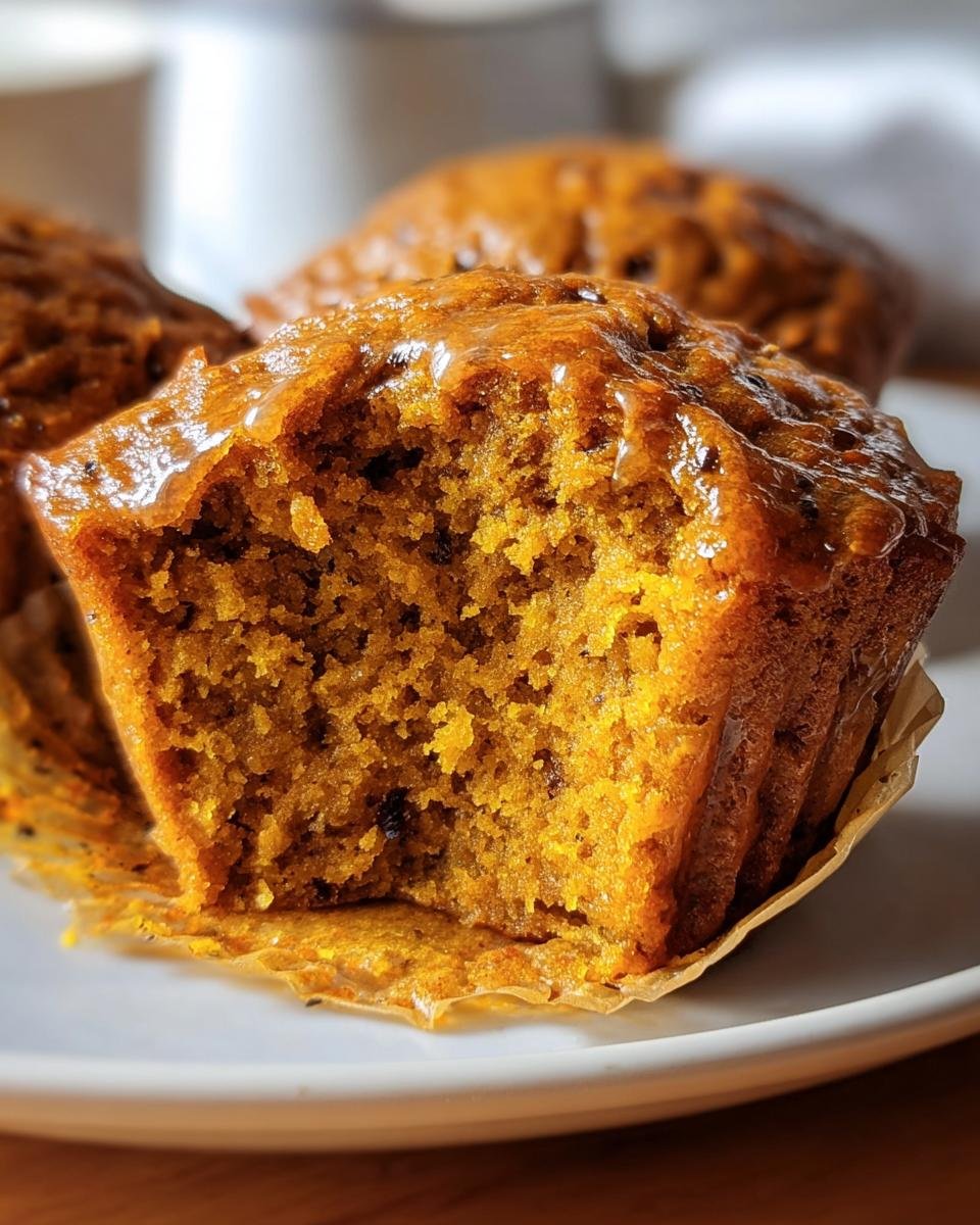 Close-up of a High-Protein Pumpkin Muffin with a bite taken out, showing the moist interior.