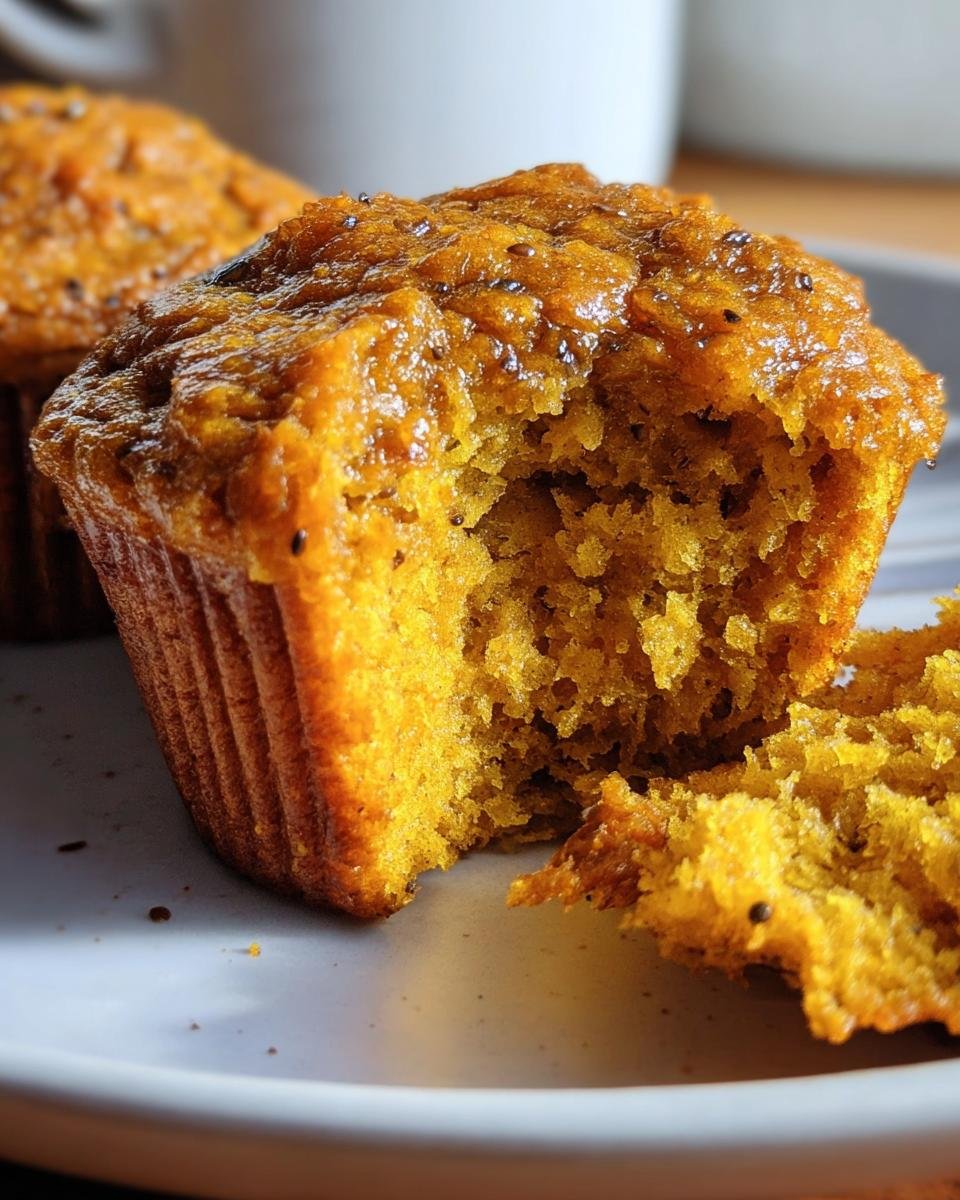 Close-up of a High-Protein Pumpkin Muffin with a bite taken out, revealing the moist interior.