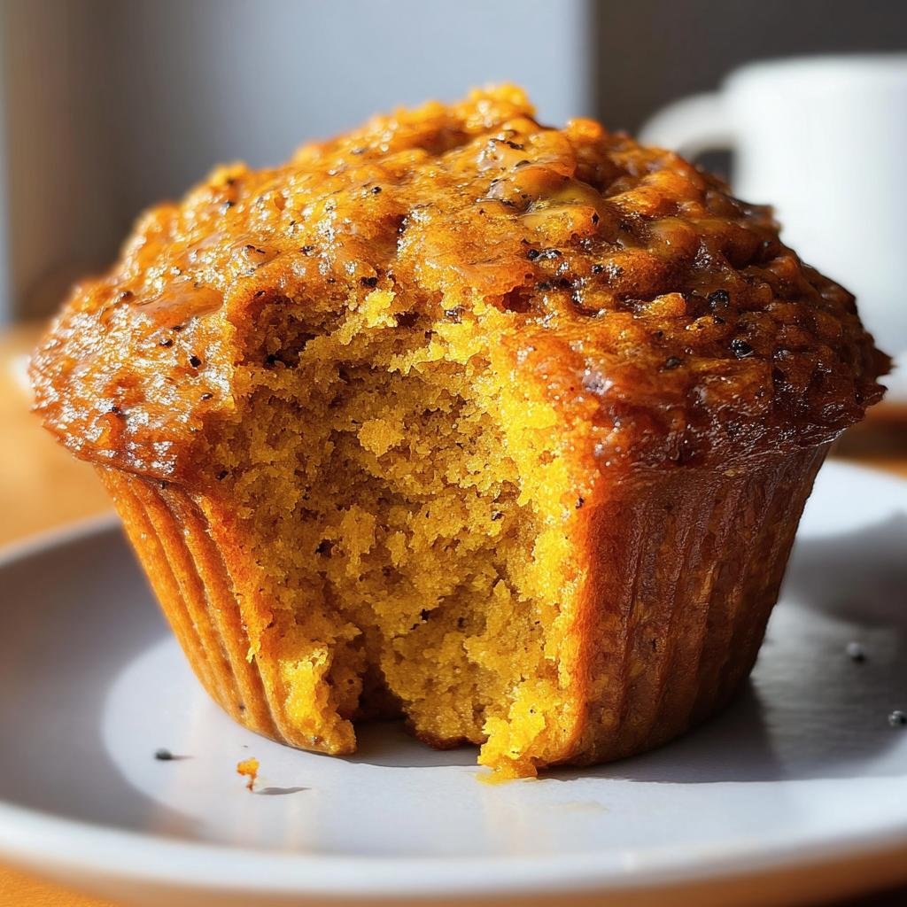 A close-up of a partially eaten High-Protein Pumpkin Muffin on a white plate, showing the moist interior.