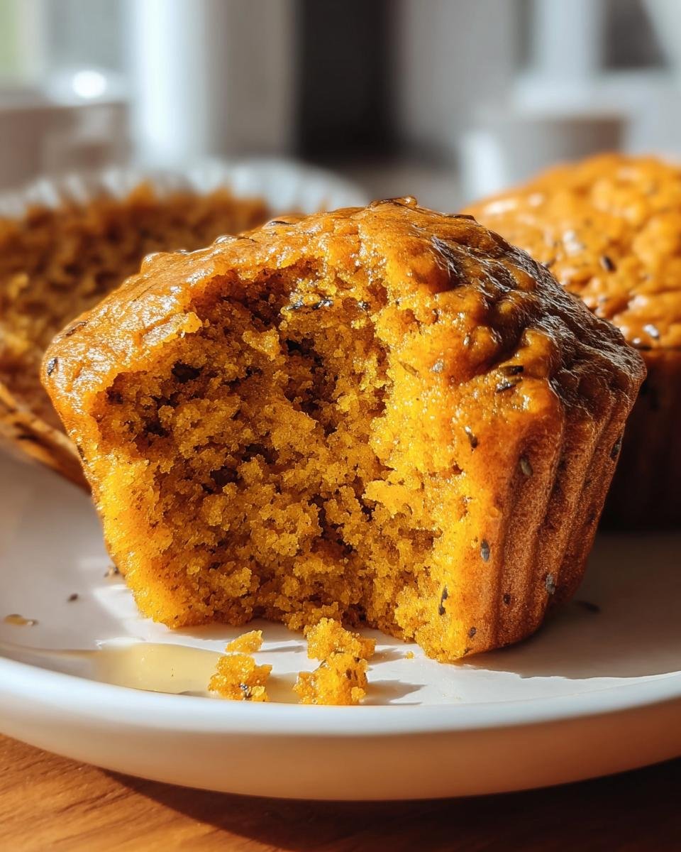 Close-up of a bitten High-Protein Pumpkin Muffin on a white plate, showing the moist interior.