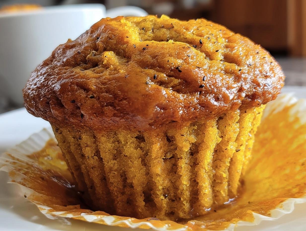 A single, delicious High-Protein Pumpkin Muffin in a paper liner on a white plate.