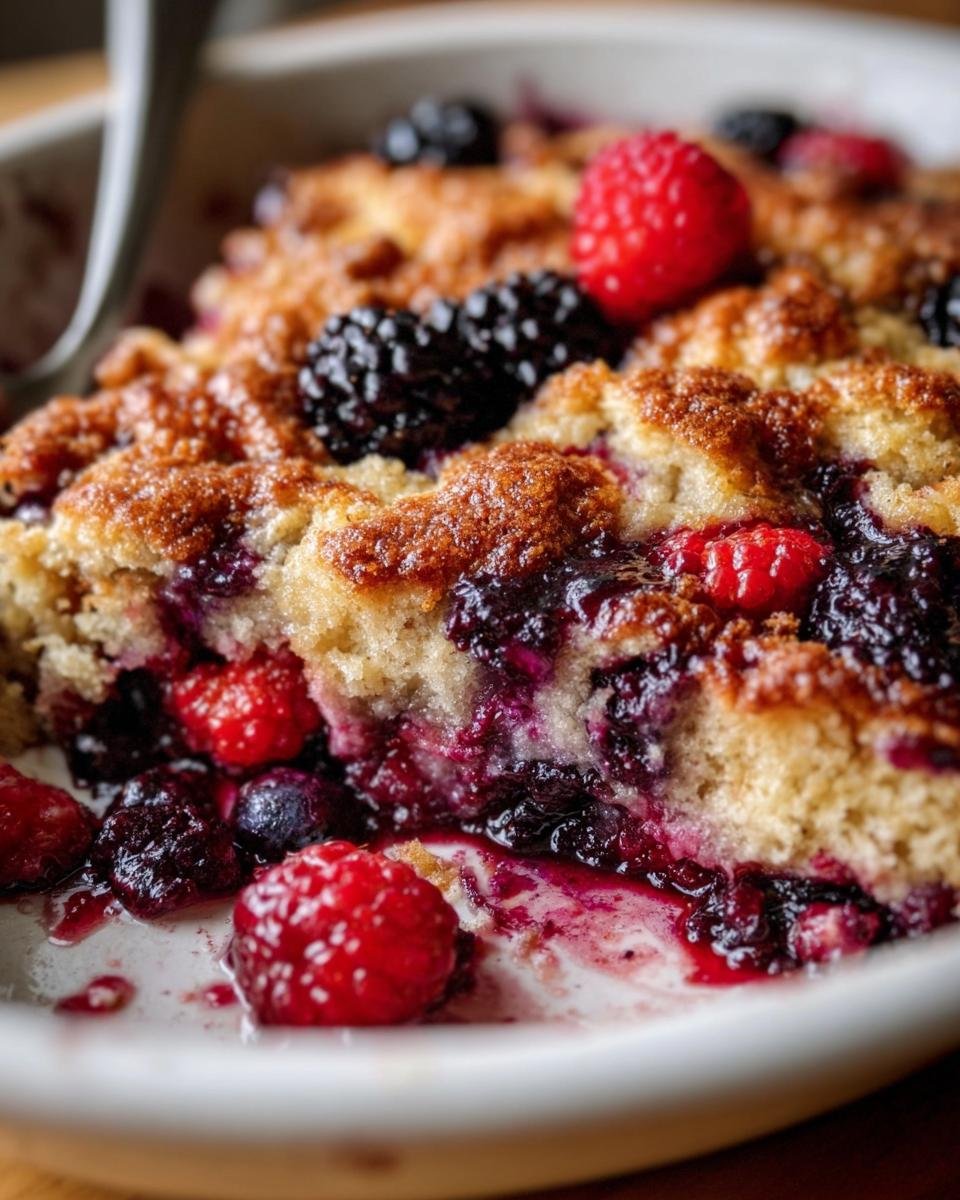 A close-up shot showing a serving of the High Protein Triple Berry Bake with juicy berries and a golden crumb topping.
