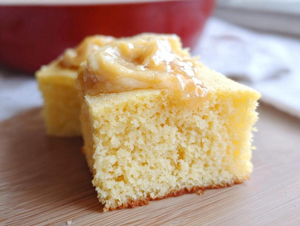 Close-up of a square slice of moist Honey Butter Cornbread topped with a swirl of melted honey butter.