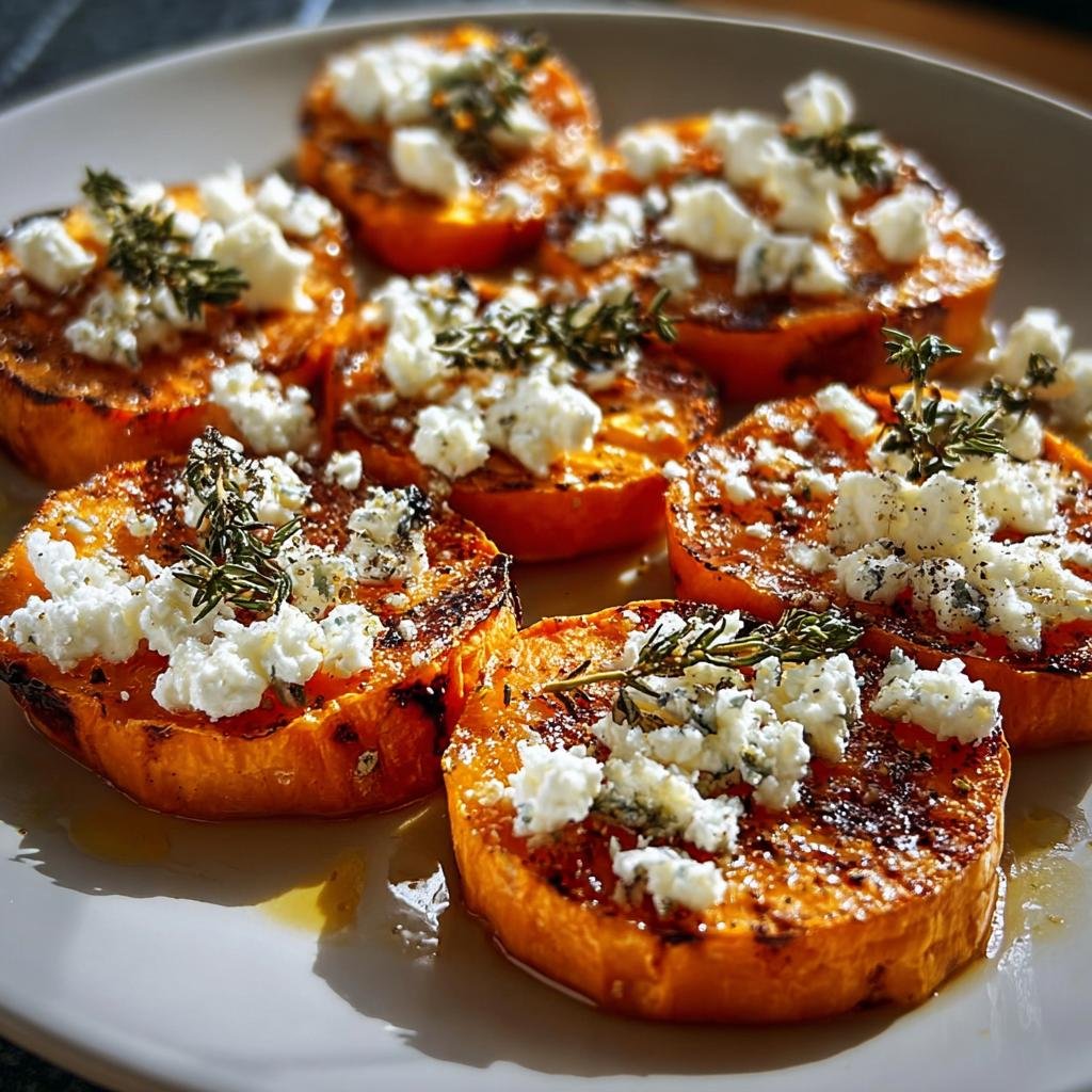 Close-up of roasted Honey Feta Sweet Potato Rounds topped with crumbled feta and fresh thyme sprigs.