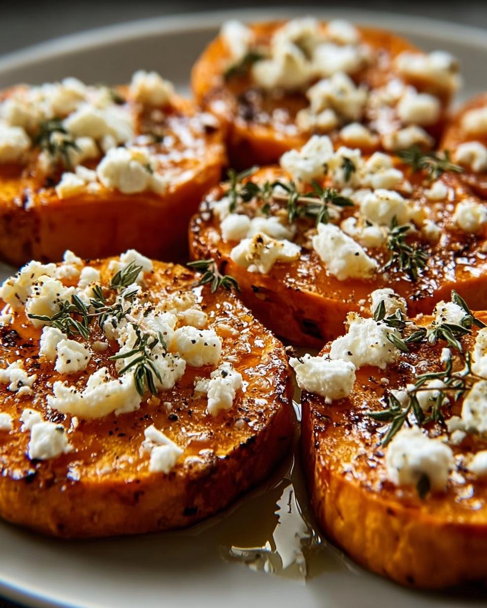 Close-up of roasted Honey Feta Sweet Potato Rounds topped with crumbled feta cheese and fresh thyme sprigs.