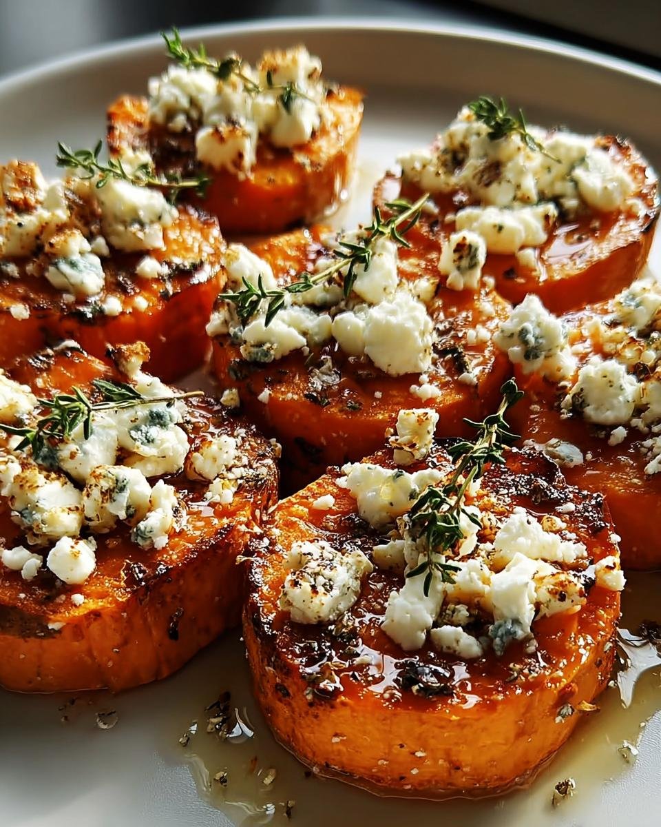 Close-up of roasted Honey Feta Sweet Potato Rounds topped with crumbled feta and fresh thyme.