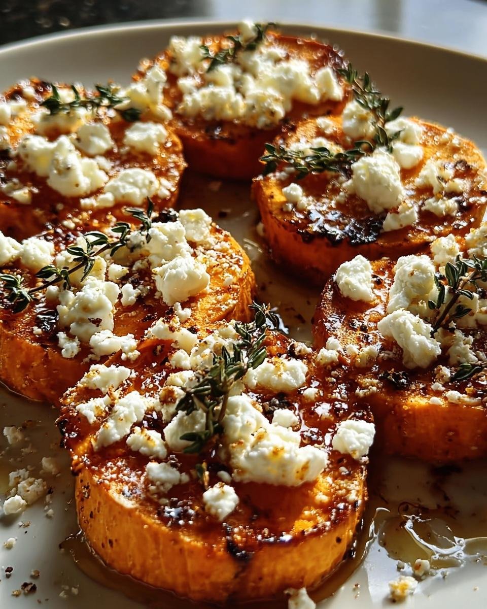 Close-up of roasted Honey Feta Sweet Potato Rounds drizzled with honey and topped with crumbled feta and fresh thyme sprigs.