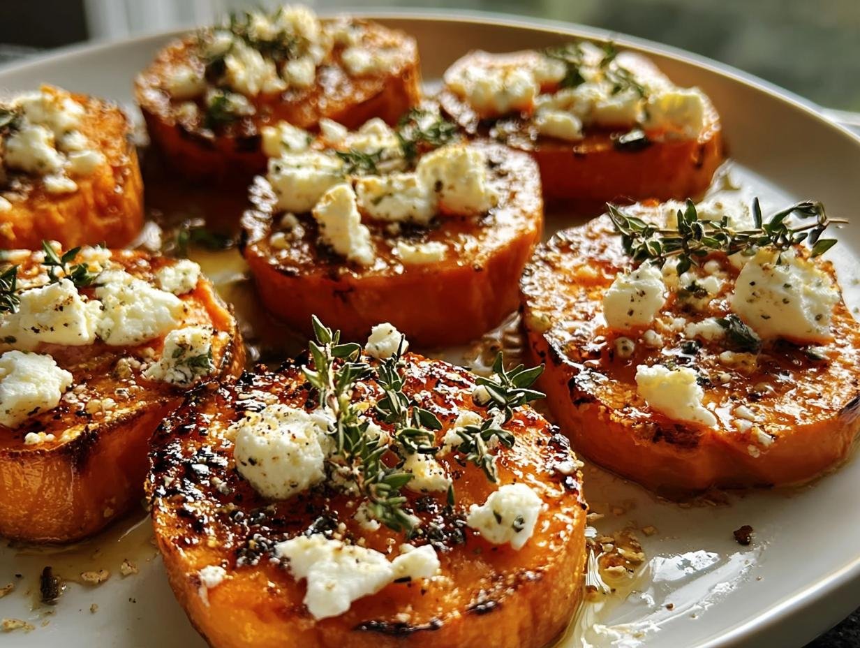 Close-up of several glistening Honey Feta Sweet Potato Rounds topped with crumbled feta and fresh thyme.
