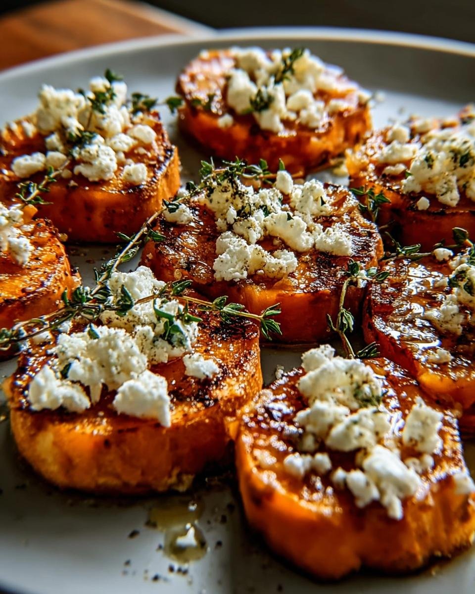 Close-up of roasted Honey Feta Sweet Potato Rounds topped with crumbled feta and fresh thyme sprigs.
