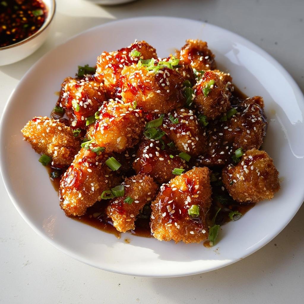 A white plate filled with crispy Honey Garlic Chicken Bites, drizzled with sauce, sesame seeds, and green onions.
