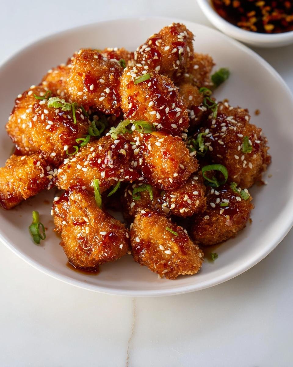 Close-up of crispy Honey Garlic Chicken Bites coated in glaze and sprinkled with sesame seeds and green onions.