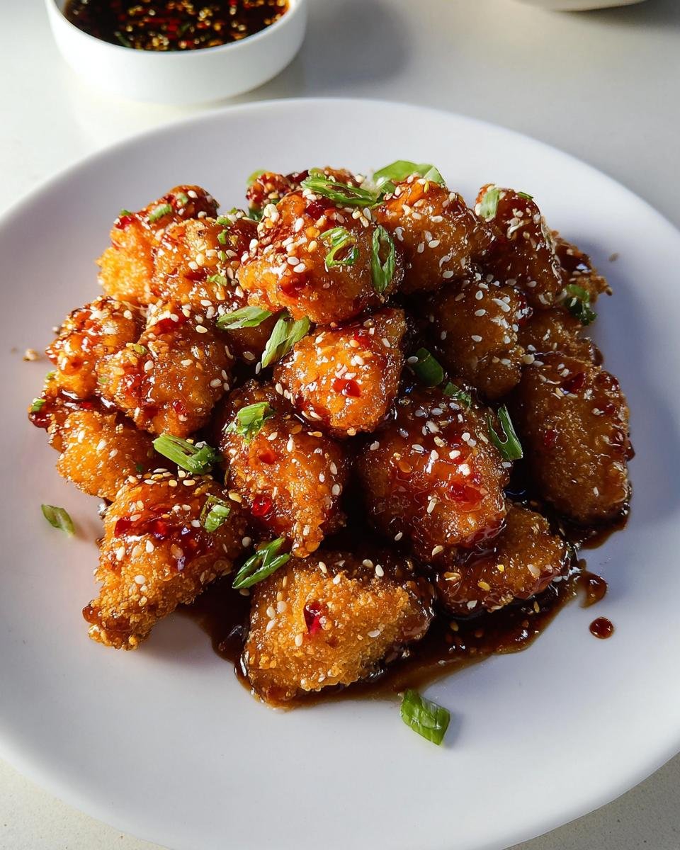 A plate piled high with crispy Honey Garlic Chicken Bites, coated in a sticky glaze and topped with sesame seeds and green onions.