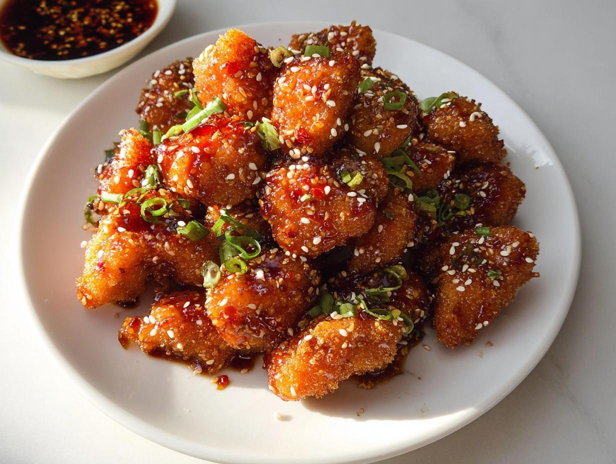A plate piled high with crispy Honey Garlic Chicken Bites, drizzled with glaze and topped with sesame seeds and green onions.
