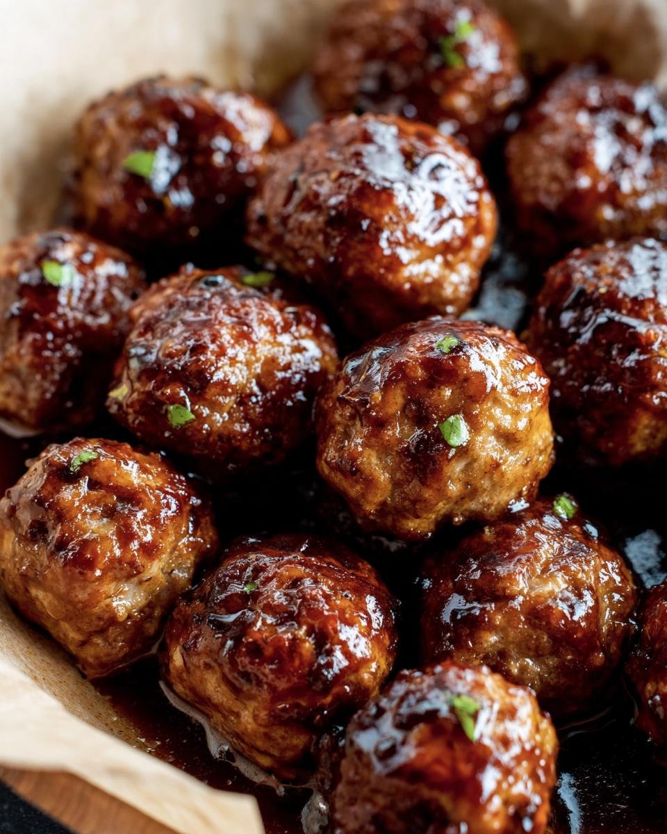 Close-up of glazed Honey Garlic Meatballs in a pan, garnished with fresh herbs.