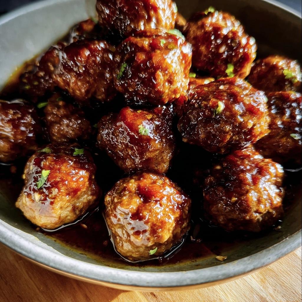 A bowl of glistening Honey Garlic Meatballs, coated in a rich, savory sauce and garnished with herbs.