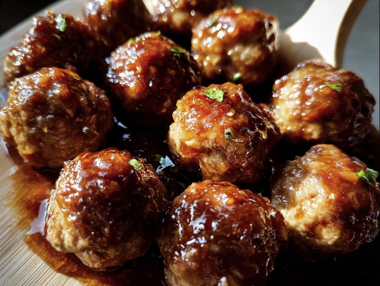 A platter of glazed Honey Garlic Meatballs, glistening with sauce and garnished with herbs.