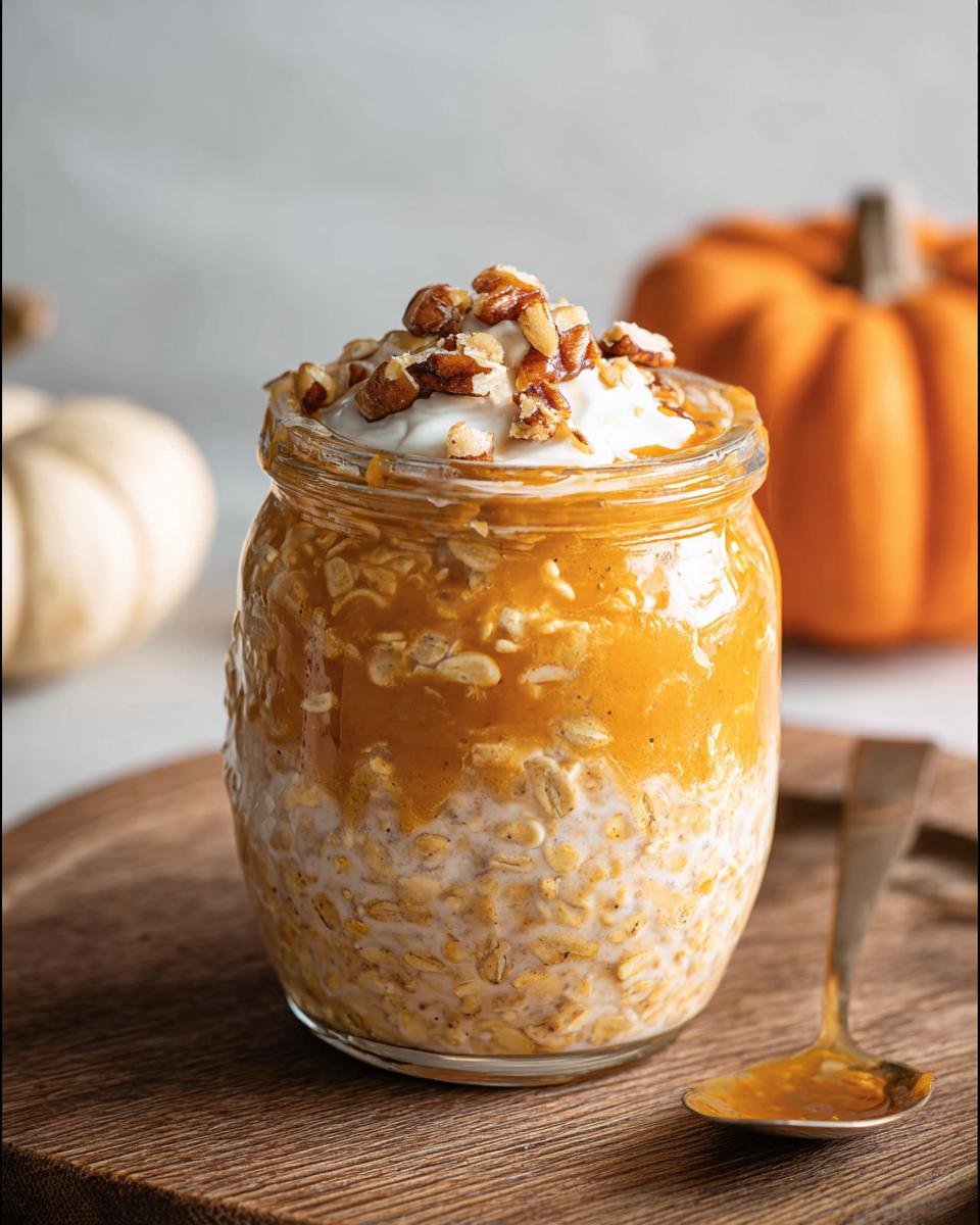 A glass jar filled with layered Pumpkin Overnight Oats, topped with yogurt and chopped pecans.