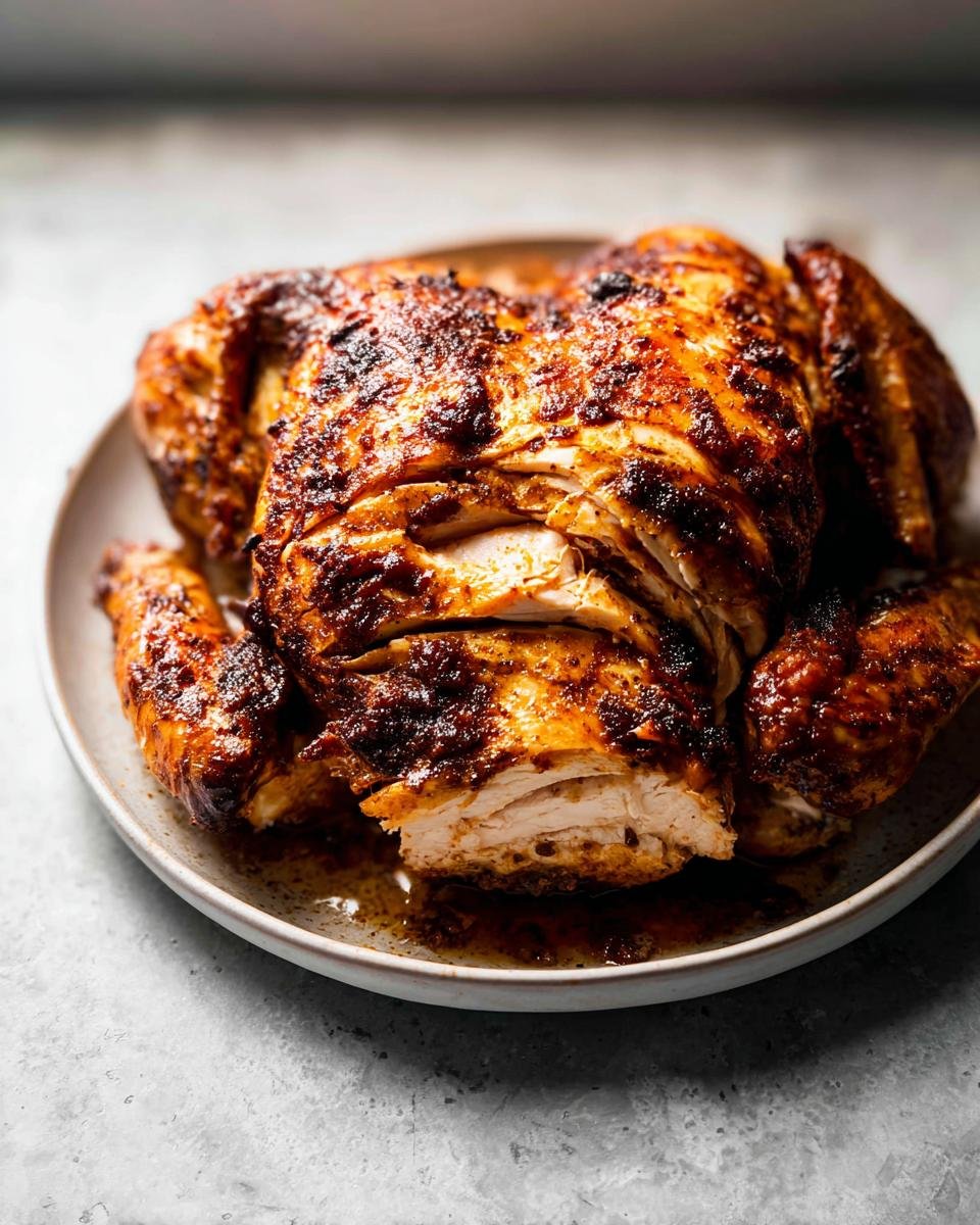 A whole, carved Juicy Roast Chicken with Pan Drippings, showing moist white meat and dark, seasoned skin, resting in its juices.