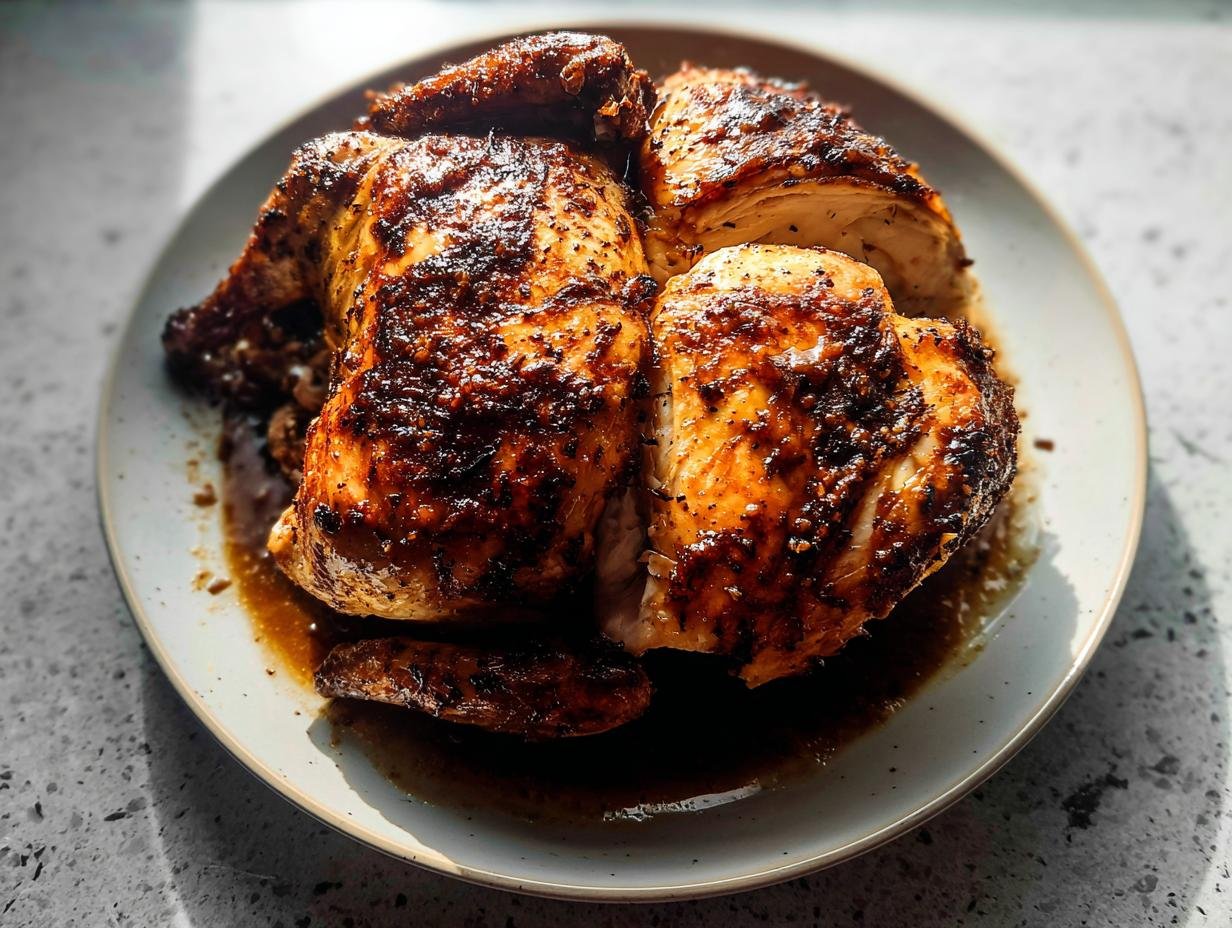 A beautifully carved Juicy Roast Chicken with Pan Drippings resting on a plate with dark, flavorful juices.