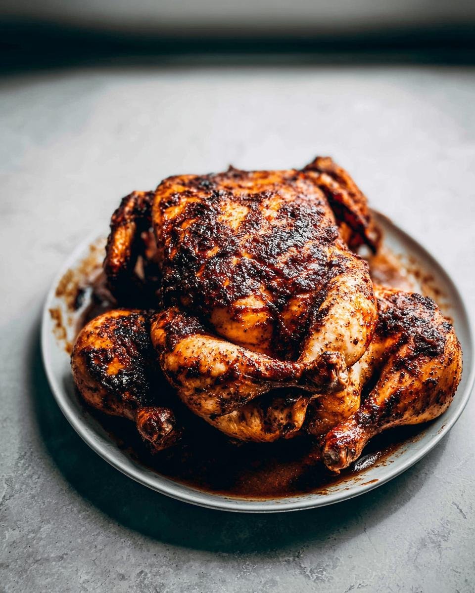 A whole, beautifully roasted chicken with dark, seasoned skin resting in its pan drippings.