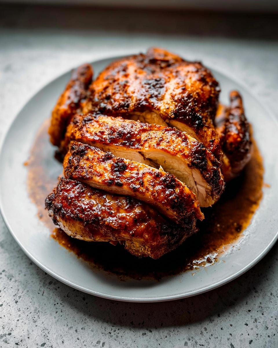 A whole roasted chicken, sliced and resting in its pan drippings on a light gray plate.