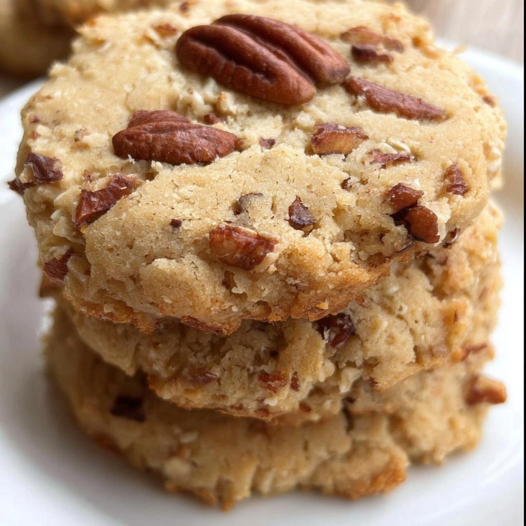 A stack of three Keto Butter Pecan Cookies, topped with pecan halves, on a white plate.