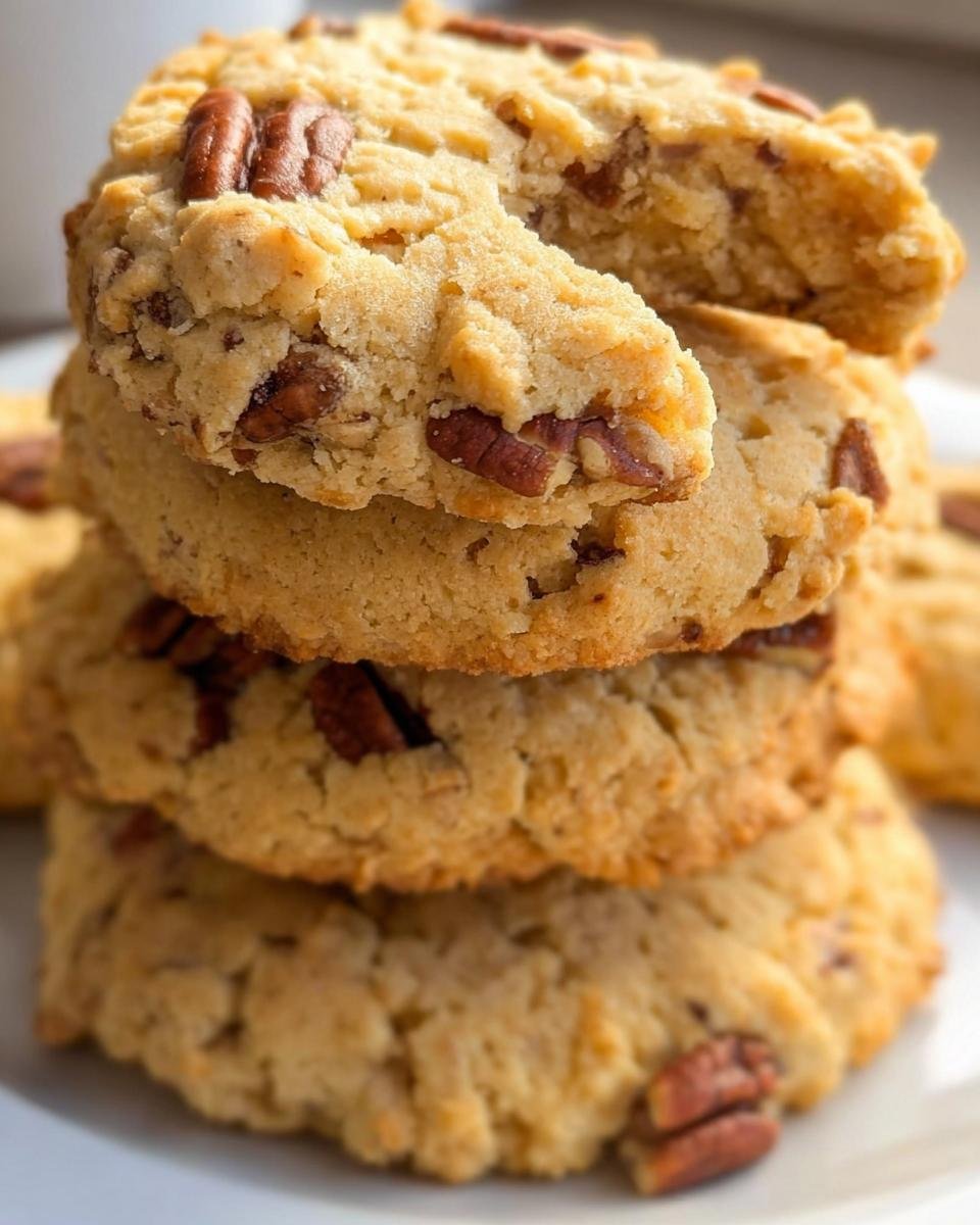 A stack of freshly baked Keto Butter Pecan Cookies, showcasing the pecans and texture.