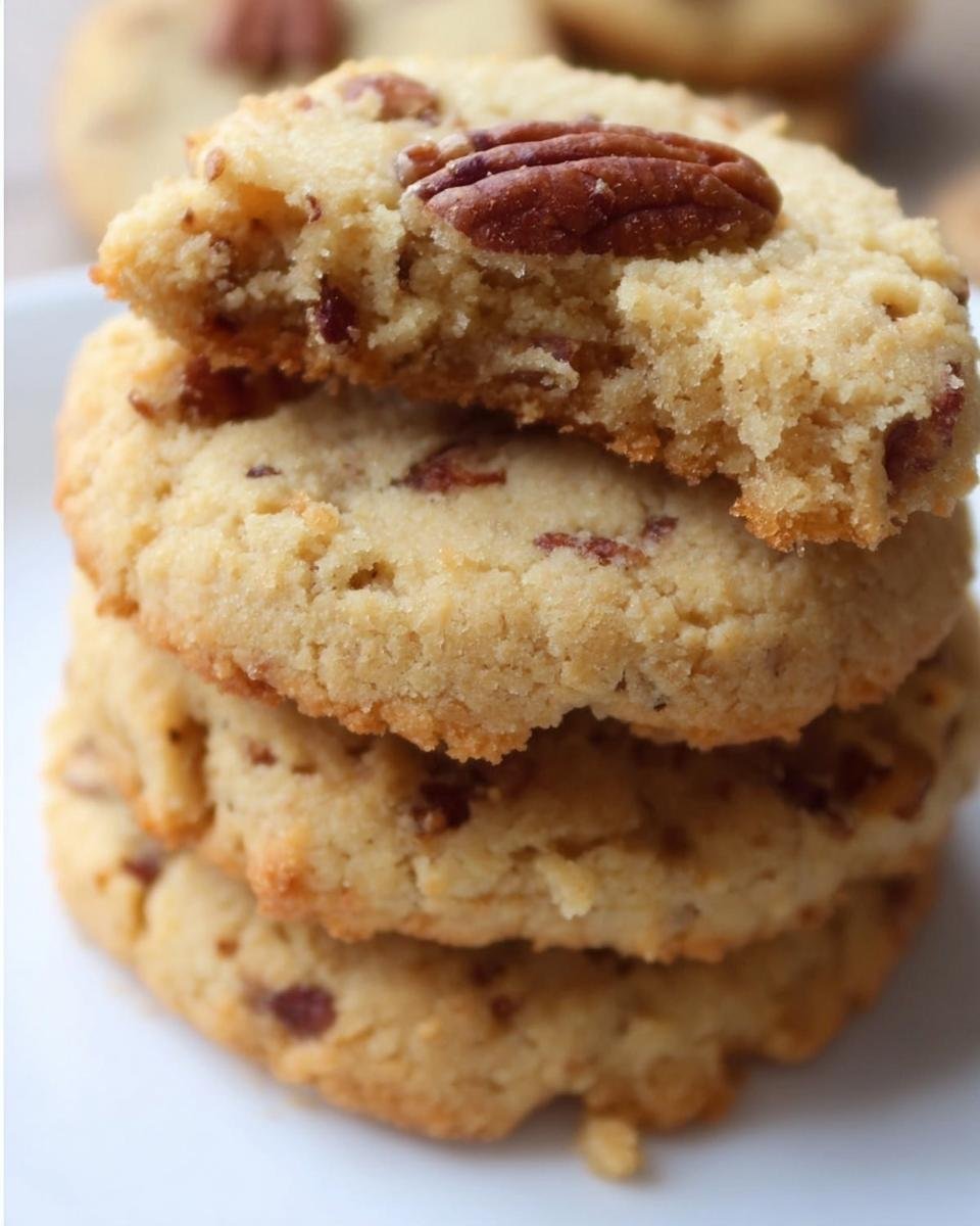 A stack of three Keto Butter Pecan Cookies, the top one broken to show the inside and topped with a pecan.