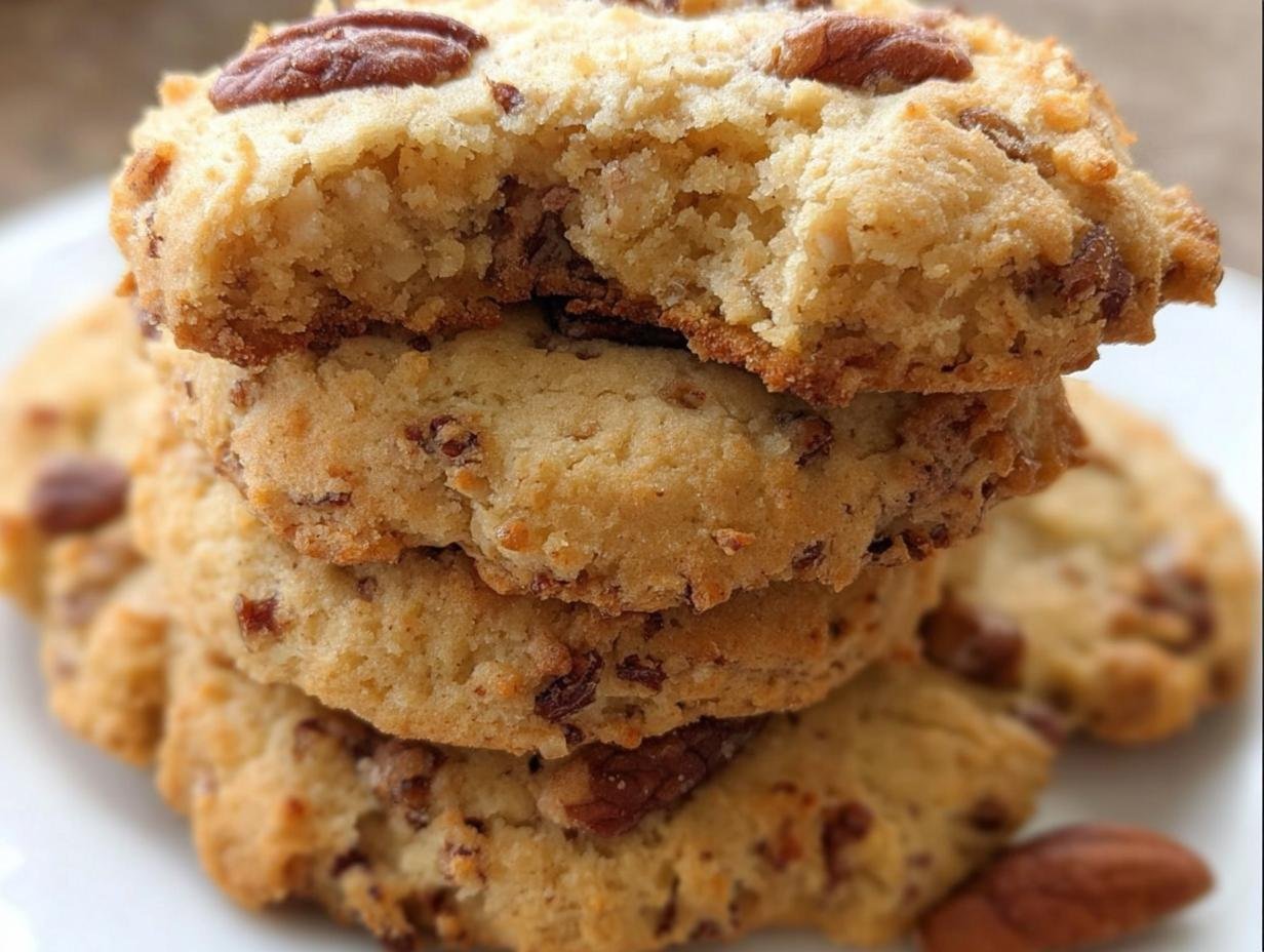 A stack of Keto Butter Pecan Cookies, the top one with a bite taken out, showing the texture and pecan pieces.