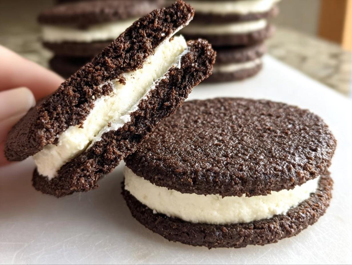 Close-up of Keto Oreos with a creamy filling. One cookie is broken in half to show the texture.