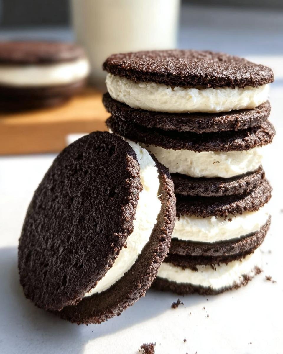 A stack of homemade Keto Oreos with creamy filling, next to a glass of milk.