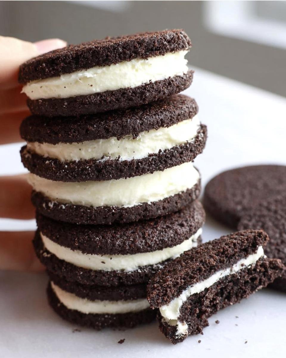 A stack of homemade Keto Oreos with creamy filling, showcasing a delicious low-carb treat.