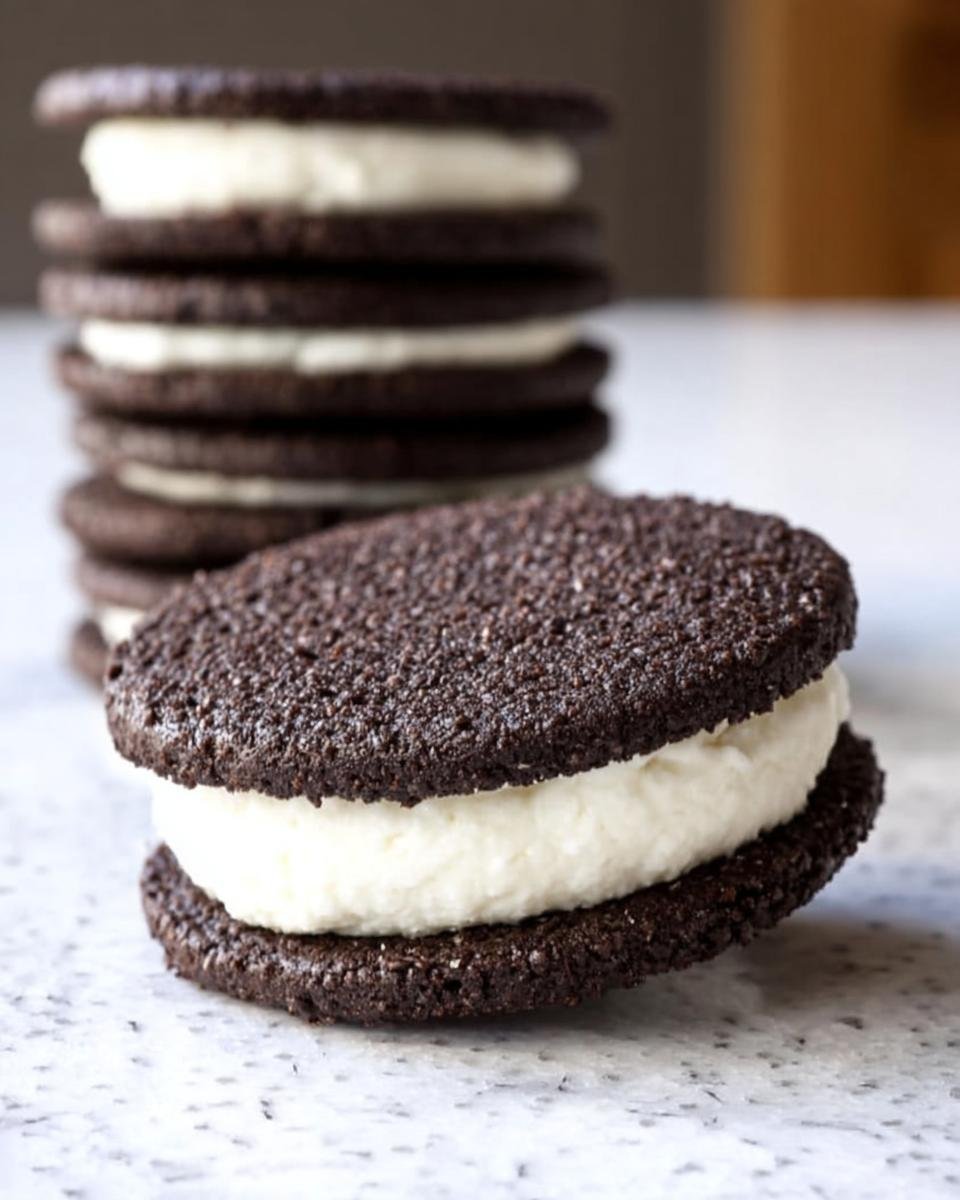 Close-up of Keto Oreos with creamy filling, stacked on a white surface. Guilt-free cookies.