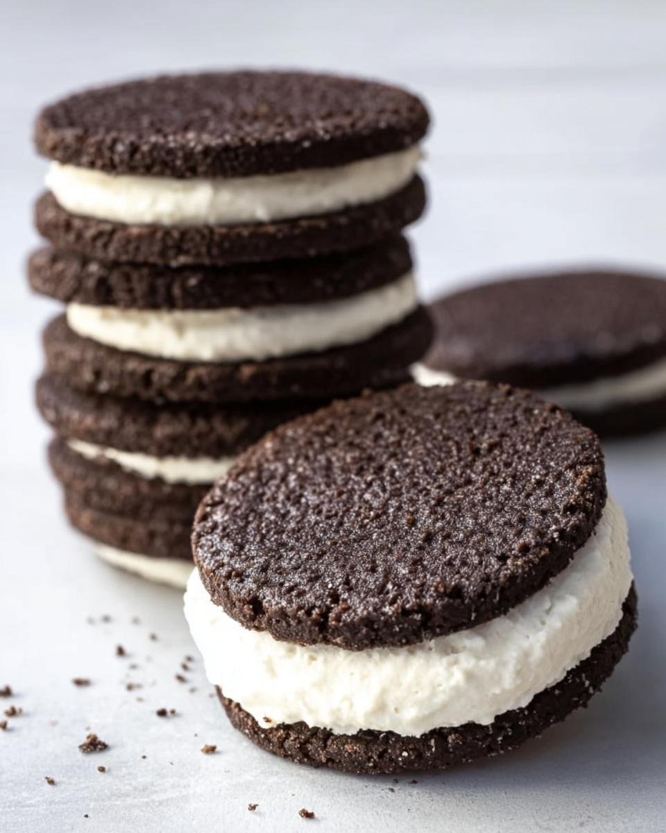 A stack of homemade Keto Oreos with dark chocolate cookies and a creamy white filling.