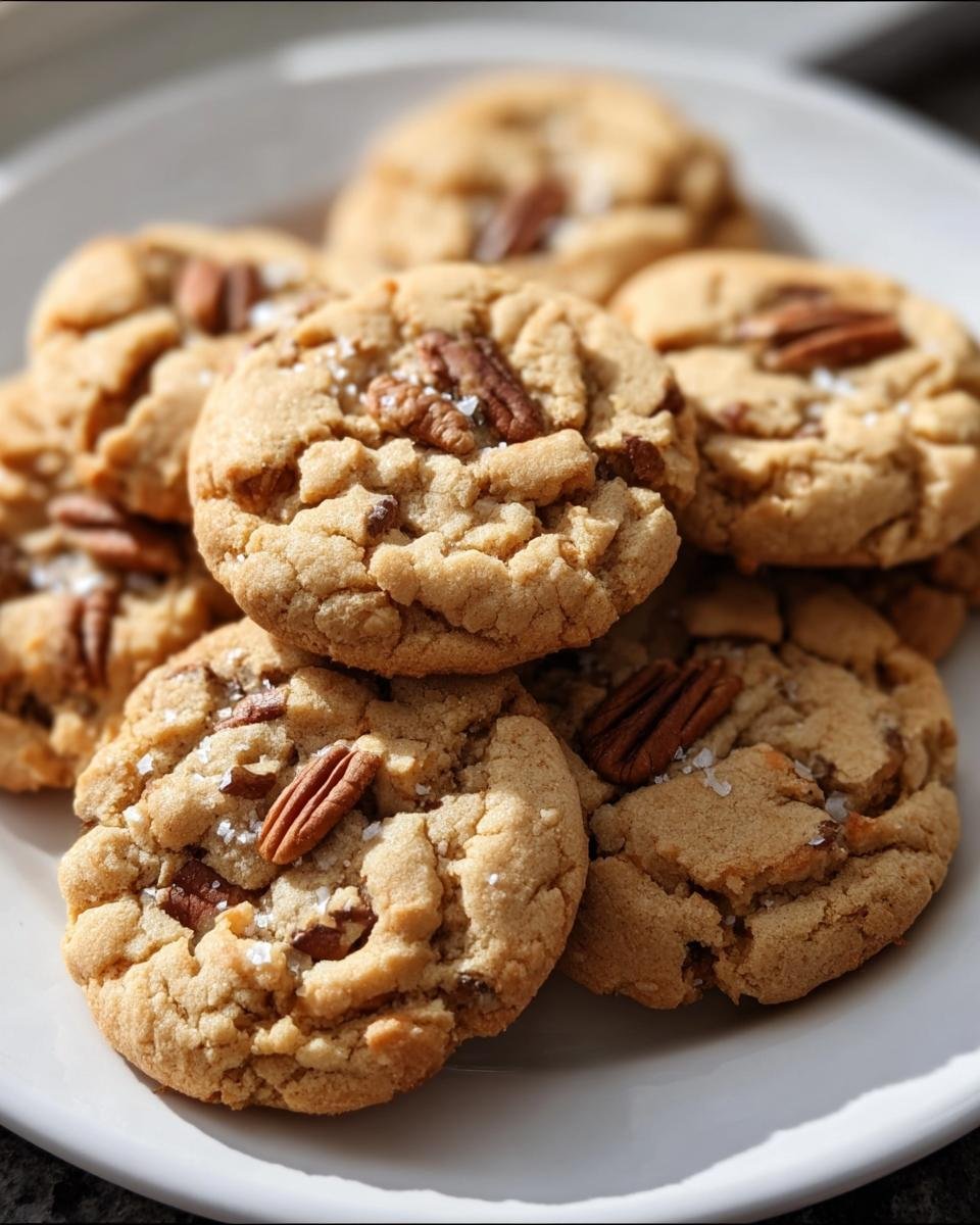A plate of freshly baked Keto Pecan Softies, topped with pecans and a sprinkle of sea salt.